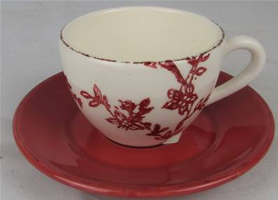 Tasse à café avec sous-tasse écru/rouge fleurs