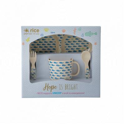 Coffret repas bébé mélamine baleines bleues