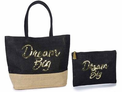 Sac et pochette en jute avec déco paillettes dorées