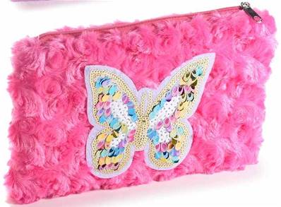 Etui fausse fourrure rose papillon paillettes