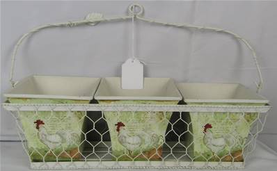 Porte plantes grillagé décor poules 1 anse tout métal écru 3 pots carrés