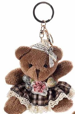 Porte clé à breloque avec ours marron en peluche jupe et cristaux
