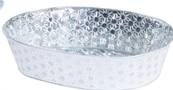 CORBEILLE OVALE METAL ASPECT ZINC GRIS/FLEURS BLANCHES