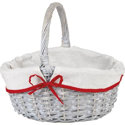 Panier osier ovale gris tissu blanc/liseré rouge anse fixe