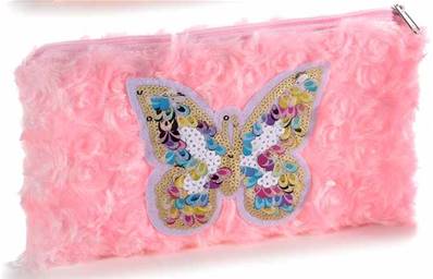 Etui fausse fourrure rose clair papillon paillettes