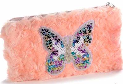 Etui fausse fourrure saumon papillon paillettes