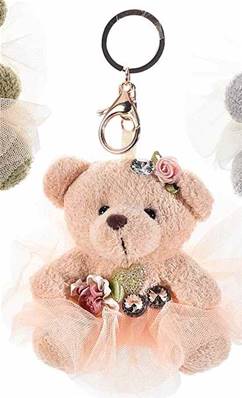 Porte clé charm avec ours saumon en peluche tulle et perles