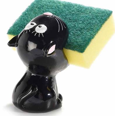 Porte-éponge chat noire en résine colorée avec éponge « Best Friends »