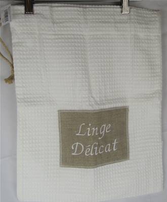 Sac brodé "linge délicat" nid d'abeille blanc