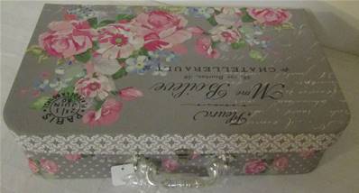 Valise en carton grise fleurs