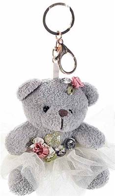 Porte clé charm avec ours gris en peluche tulle et perles