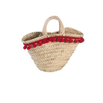 Panier enfant tressé pompons rouge 27x16x16