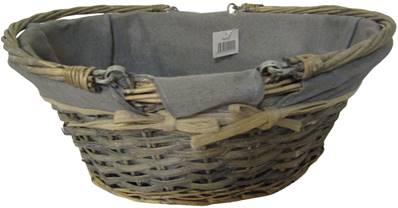 Panier osier/bois ovale gris tissu gris/beige anses rabattables
