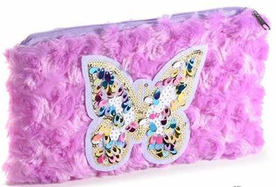 Etui fausse fourrure parme papillon paillettes