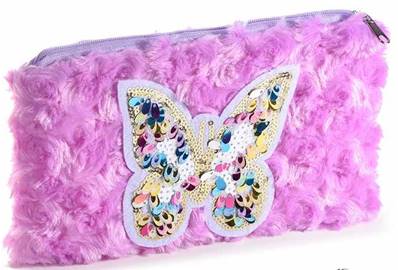 Etui fausse fourrure parme papillon paillettes