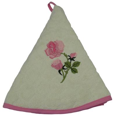 Essuie mains rond brodé roses ecru