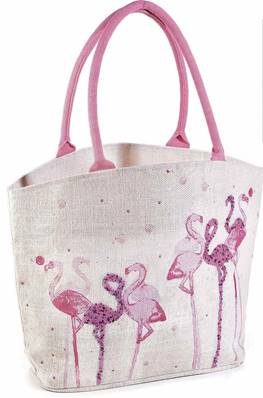 Sac de plage à épaule en jute avec flamants déco et avec perles