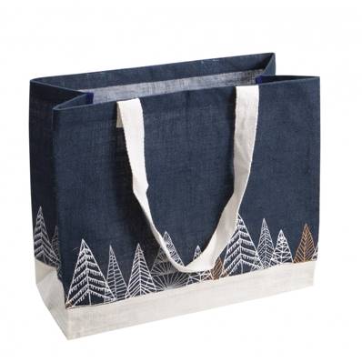 SAC JUTE BLEU DECO SAPINS ANSES BLANCHES