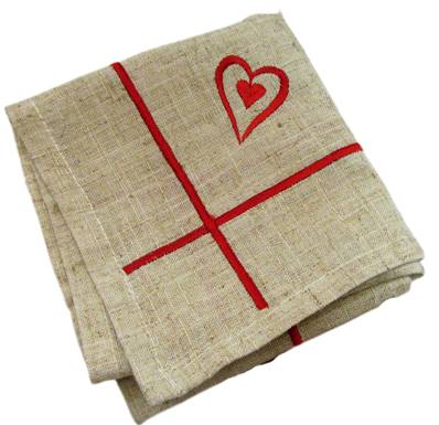 Serviette coeur à coeur brodé rouge