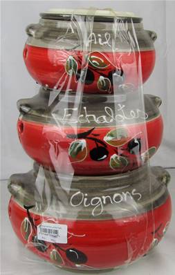 Pots empilables aïl/échalote/oignon Bastide gris/rouge décor olives