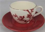 Tasse à café avec sous-tasse écru/rouge fleurs