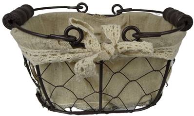 Panier métal ovale anses tissu beige 18,5x8,5x12,5cm