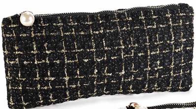 Etui pochette en tissu tweed noir avec fils dorés et zip