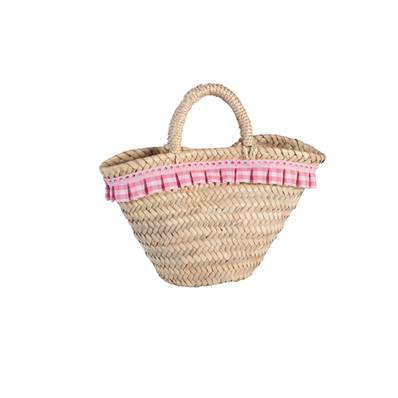 Panier enfant tressé ruban vichy rose 27x16x16