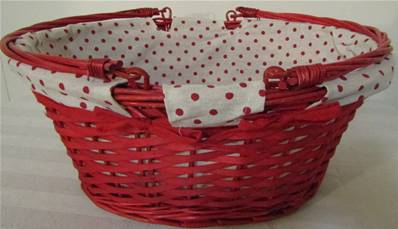 Panier osier/bois ovale rouge tissu blanc/pois rouges anses rabattables