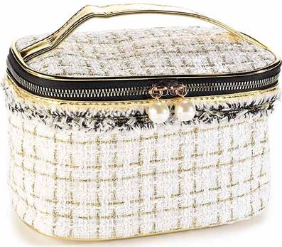 Petit Vanity en tissu tweed blanc avec fils dorés avec zip et perles