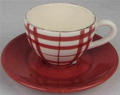 Tasse à café avec sous-tasse écru/rouge carreaux
