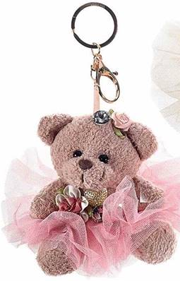 Porte clé charm avec ours rose en peluche tulle et perles