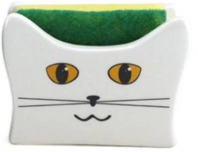 PORTE EPONGE CHAT blanc + EPONGE 'MEOW' 12xh9cm