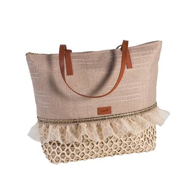 Sac rectangulaire beige volant ruban doré 41x10x34