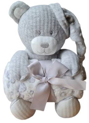 Ours gris 30cm avec couverture 100x80cm